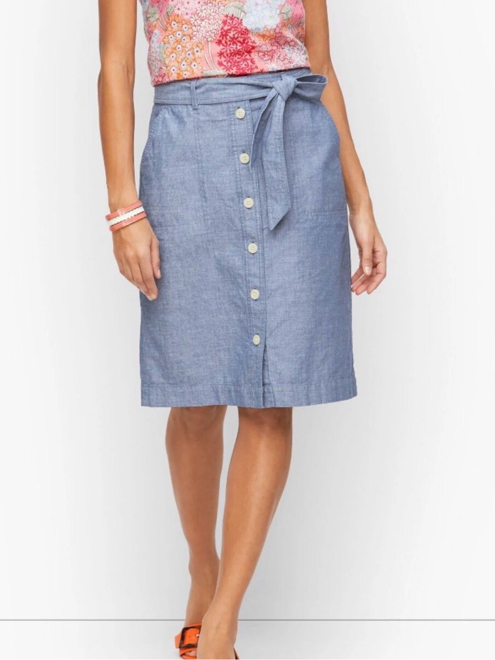 NWT Talbots Chambray Button-Front Tie-Waist Midi Skirt - Blue